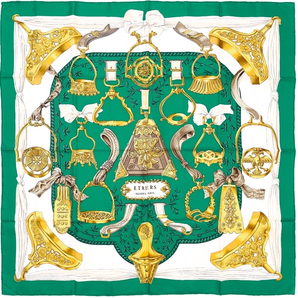 NWT Vintage Hermes Scarf "Etriers" Green - Picture 1 of 10